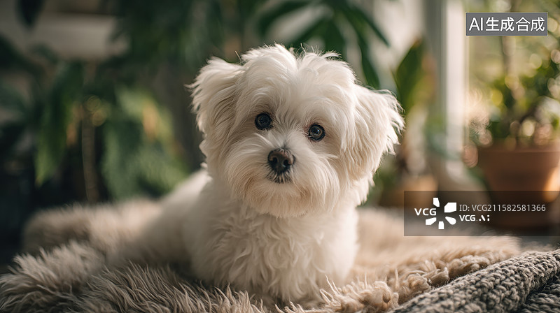【AI数字艺术】可爱的小白狗坐在柔软的毯子上图片素材