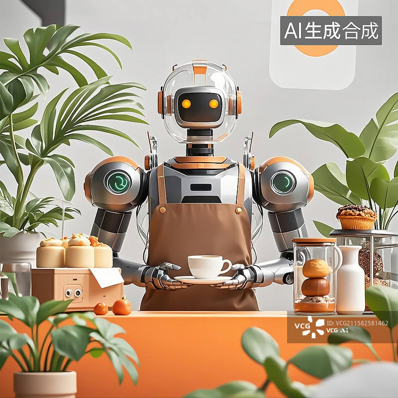 【AI数字艺术】机器人穿围裙在咖啡店端咖啡服务图片素材