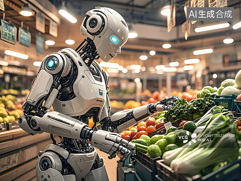 【AI数字艺术】机器人在超市挑选蔬菜，展现智能购物服务图片素材