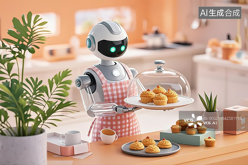 【AI数字艺术】机器人穿围裙端糕点，温馨厨房智能场景图片素材