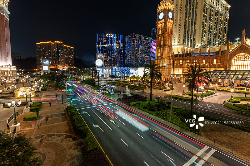 澳门伦敦人威尼斯人巴黎铁塔长曝光城市风光图片素材