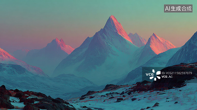 【AI数字艺术】雪山日落，粉紫天空下的壮丽景象图片素材