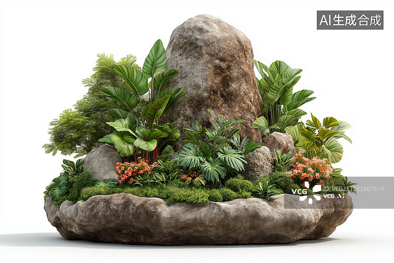 【AI数字艺术】石头绿植景观盆栽元素图片素材