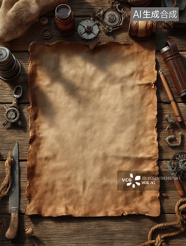 【AI数字艺术】旧纸牛皮纸探险地图图片素材