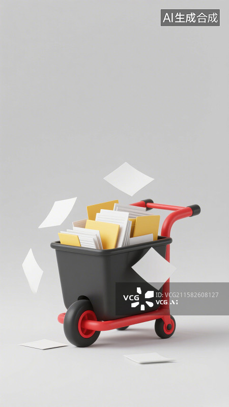 【AI数字艺术】3D三维一箱成堆的文件手推车图片素材