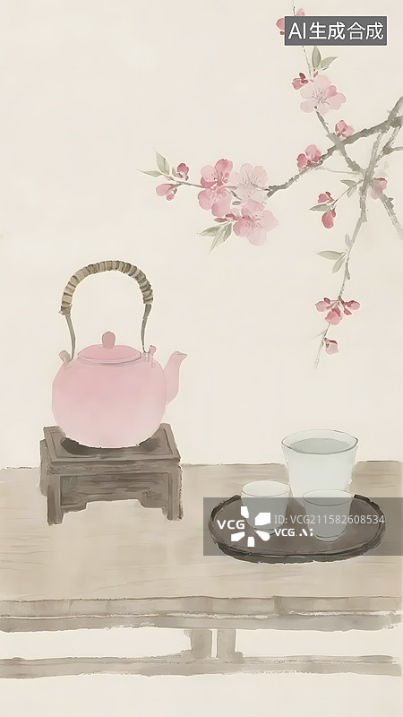 【AI数字艺术】AIGC：国风淡雅水墨画 桌上的插画与茶杯图片素材