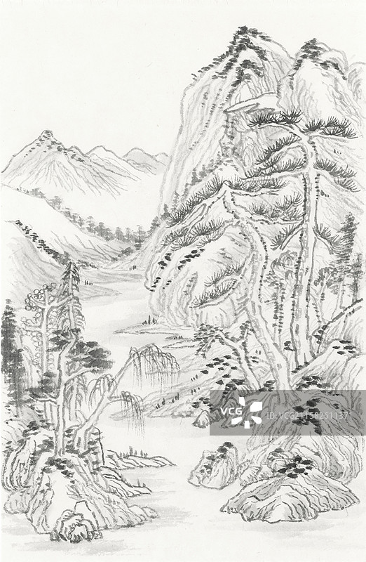 白云高山流水墨山水手绘插画图片素材