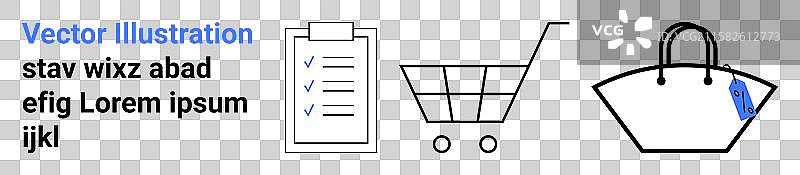 购物清单、购物车和手袋的象征图片素材