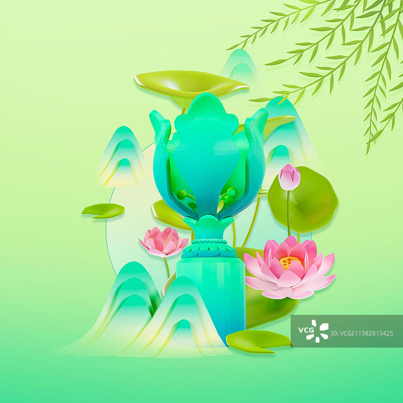 中国风夏天荷花杨柳山水香港城市插画图片素材