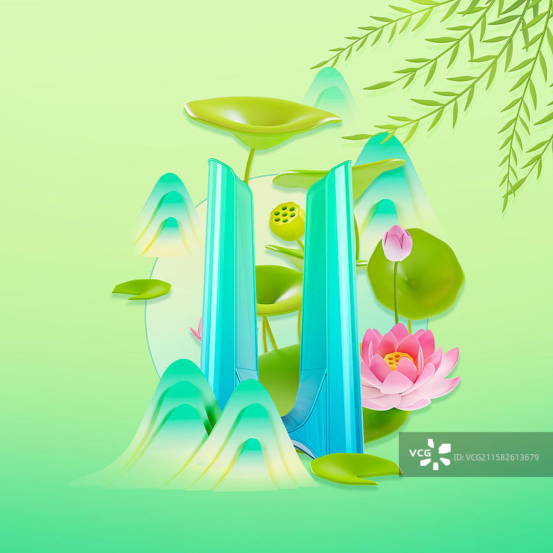 中国风夏天荷花杨柳山水杭州城市插画图片素材