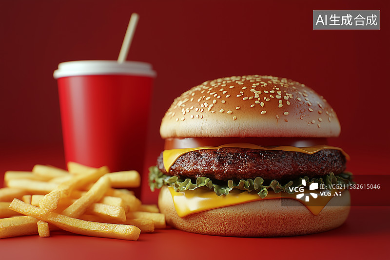 【AI数字艺术】西式快餐汉堡薯条和可乐图片素材