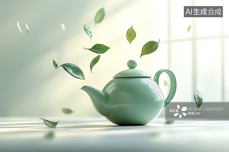 【AI数字艺术】一只茶壶周围飞散茶叶图片素材