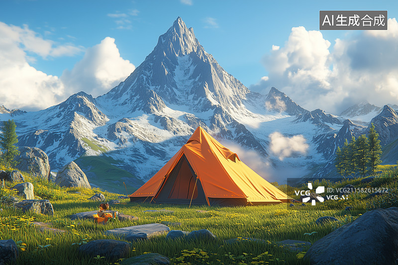 【AI数字艺术】雪山下一顶露营帐篷图片素材