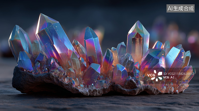 【AI数字艺术】彩虹晶簇置于暗色石块上图片素材