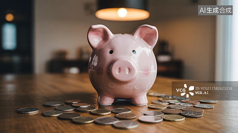 【AI数字艺术】粉色存钱罐与硬币图片素材