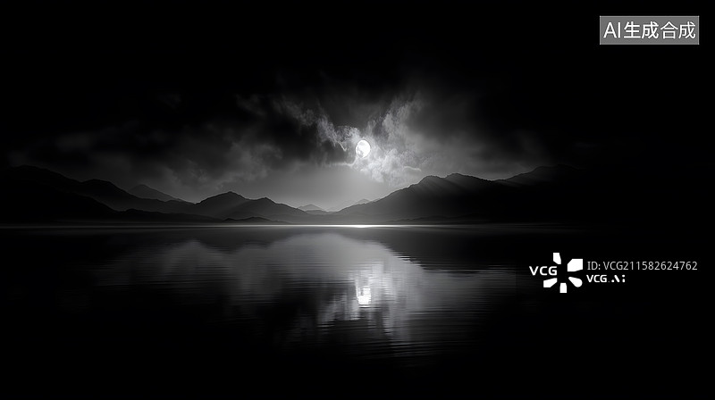 【AI数字艺术】月夜山湖幽影图片素材