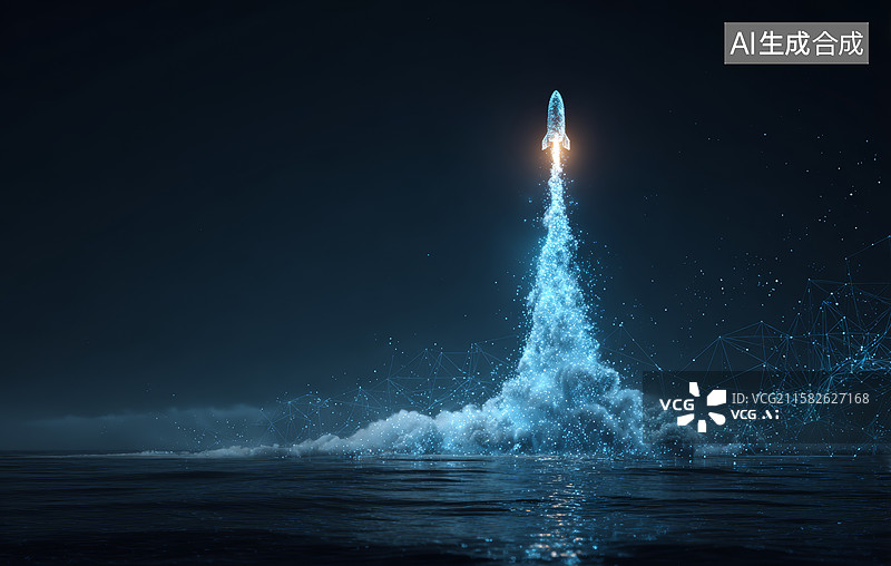 【AI数字艺术】夜空中的火箭升空图片素材
