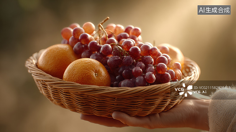 【AI数字艺术】手捧装满葡萄和橙子的篮子图片素材