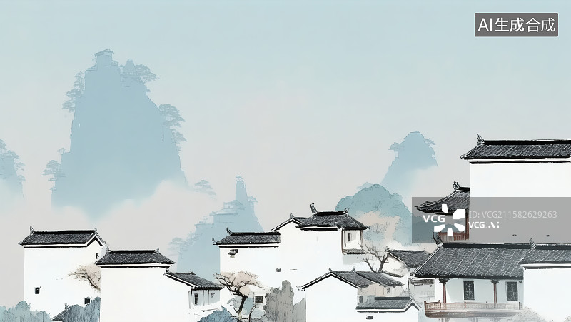 【AI数字艺术】徽派建筑，白墙绿瓦，远处云雾缭绕的山峰图片素材