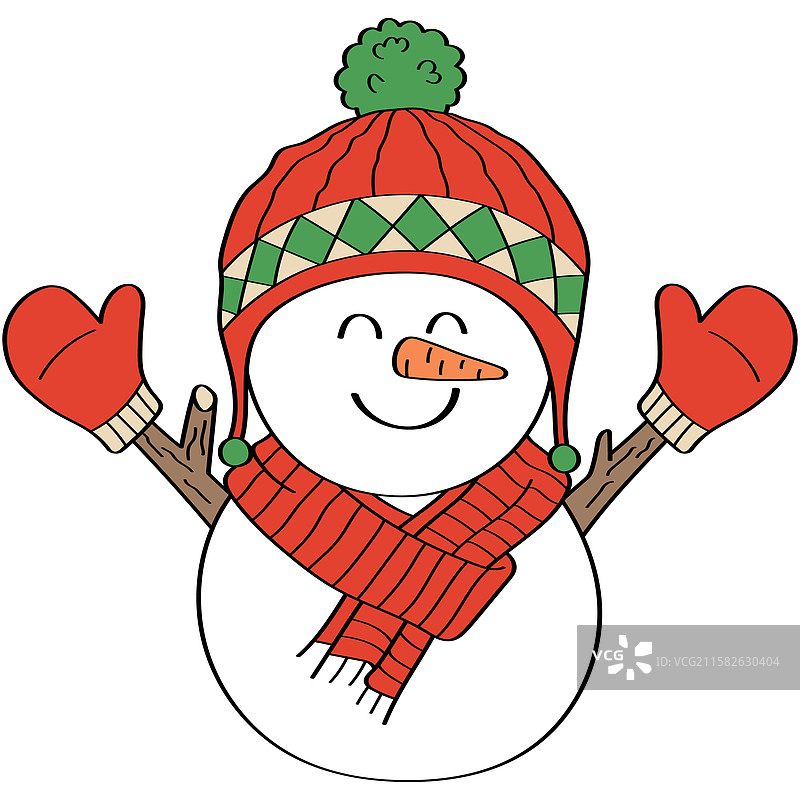 戴着耳罩帽、围着围巾的雪人正在编织。图片素材