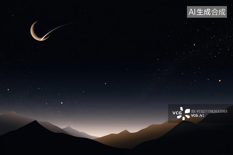 【AI数字艺术】月夜流星划过山峦天际图图片素材