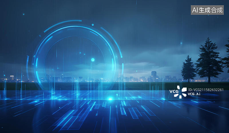 【AI数字艺术】未来科技场景中的蓝色光环图片素材