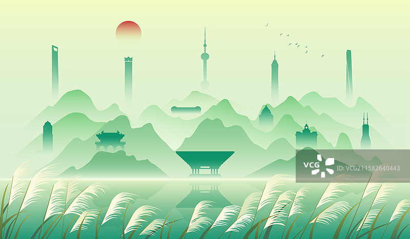 上海城市秋天风景矢量插画图片素材