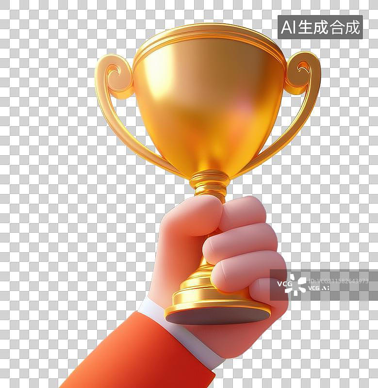 【AI数字艺术】3D三维手捧黄金冠军奖杯手势语元素图片素材
