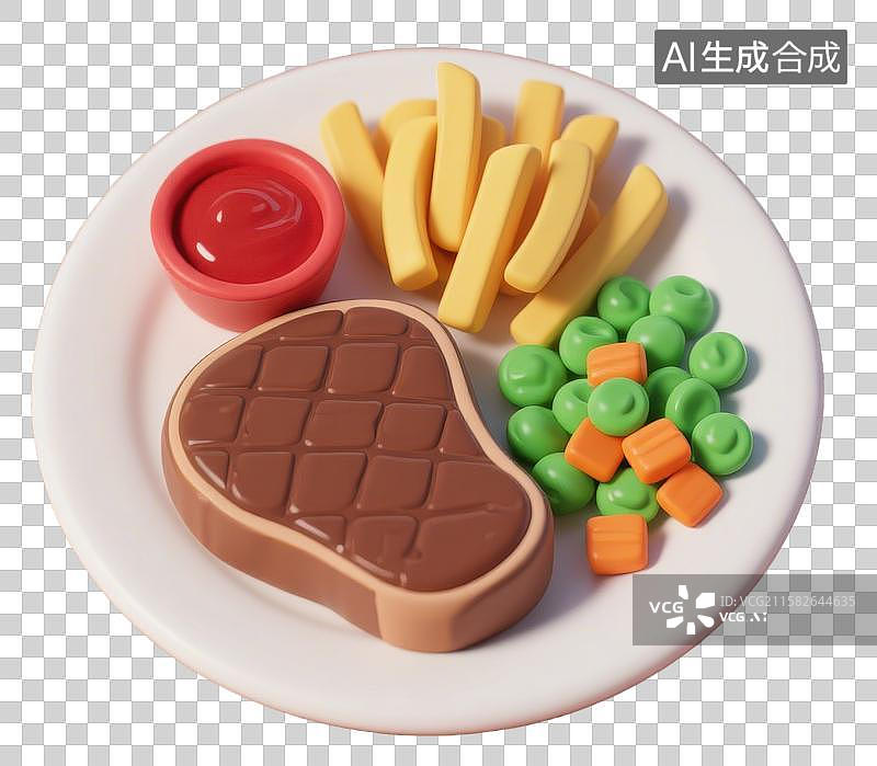 【AI数字艺术】3D三维烤牛排薯条番茄酱青豆胡萝卜西餐插画图片素材