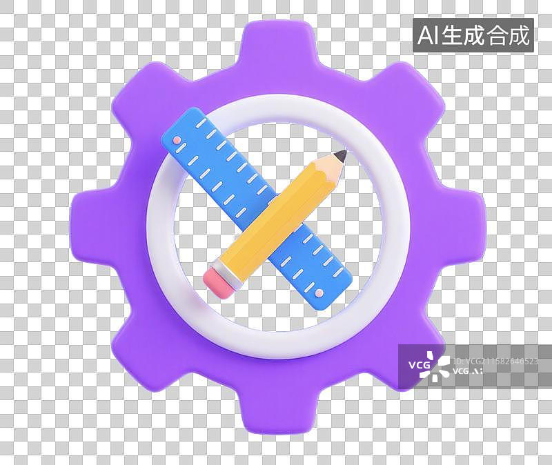 【AI数字艺术】3D三维齿轮上的尺子和铅笔学习技术设备图标元素图片素材
