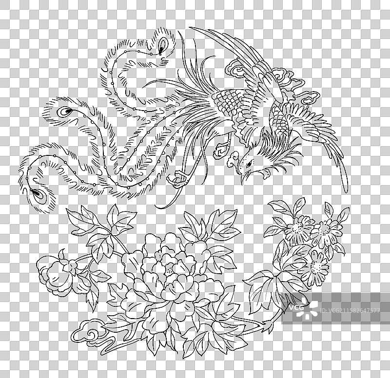 中国传统纹样凤穿牡丹凤凰飞翔牡丹花开线稿元素图片素材