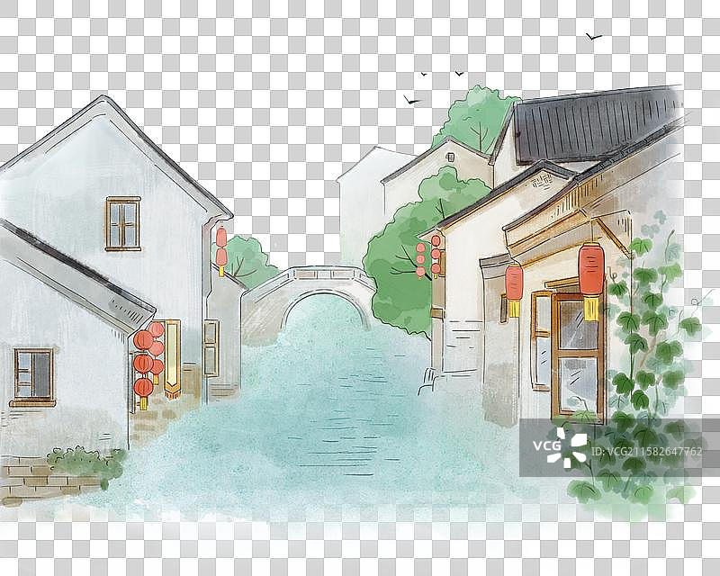 江南水乡小桥流水插画图片素材