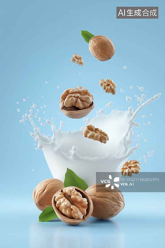 【AI数字艺术】核桃落入牛奶溅起水花图片素材