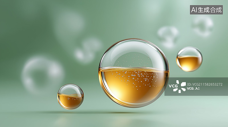 【AI数字艺术】透明泡泡中的金色液体图片素材