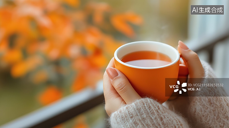 【AI数字艺术】双手捧着热茶，窗外秋叶斑斓图片素材