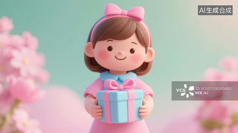 【AI数字艺术】一个手持浅蓝色粉色蝴蝶结礼盒带有发箍的小女孩图片素材