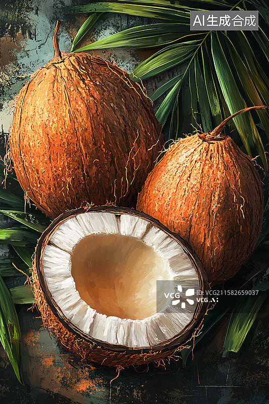 【AI数字艺术】新鲜椰子与翠绿椰叶静物图图片素材