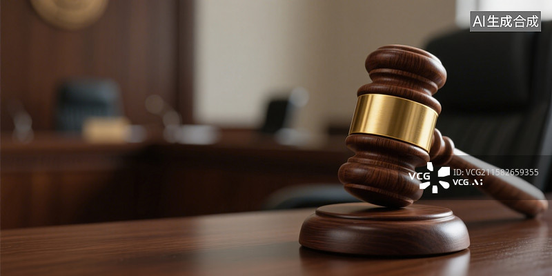 【AI数字艺术】法庭或办公室桌面上放置的一个木制的锤身和底座均为深棕色的法官锤图片素材