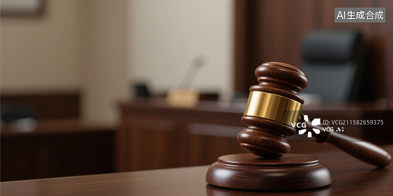 【AI数字艺术】法庭或办公室桌面上放置的一个木制的锤身和底座均为深棕色的法官锤图片素材