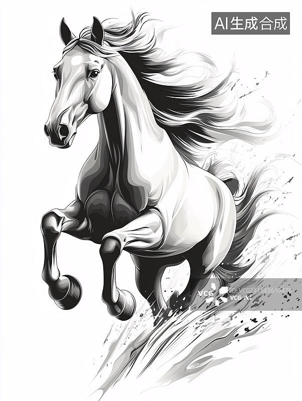 【AI数字艺术】奔腾的黑白骏马插画图片素材