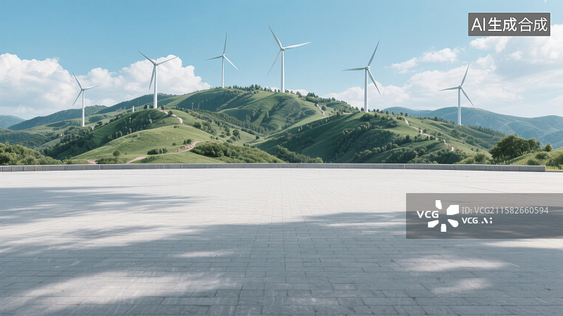【AI数字艺术】远处的山丘上矗立着多座白色的风力发电机近处是一片空旷的灰色广场，绿色城市环保可再生清洁能源概念图片素材