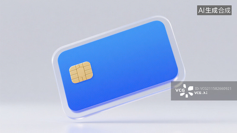 【AI数字艺术】一张半透明渐变蓝色带有芯片的银行卡信用卡图片素材