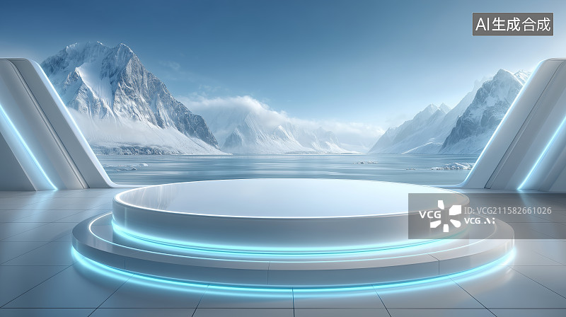 【AI数字艺术】未来科技舞台与雪山湖泊背景图片素材