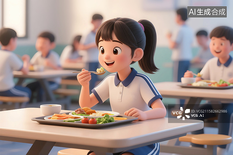 【AI数字艺术】3D立体三维C4D女学生在学校饭堂食堂吃午饭补充营养图片素材