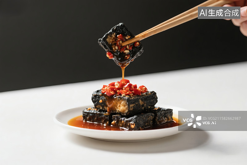 【AI数字艺术】餐盘上美味的臭豆腐，筷子夹起一块图片素材
