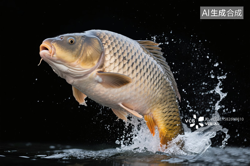 【AI数字艺术】黑色背景，一条大鲤鱼跃出水面，尾巴拍打着水花图片素材