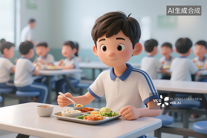 【AI数字艺术】3D立体三维C4D男学生在学校饭堂食堂吃午饭补充营养图片素材