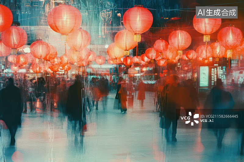 【AI数字艺术】繁华街道红灯笼夜景氛围图图片素材
