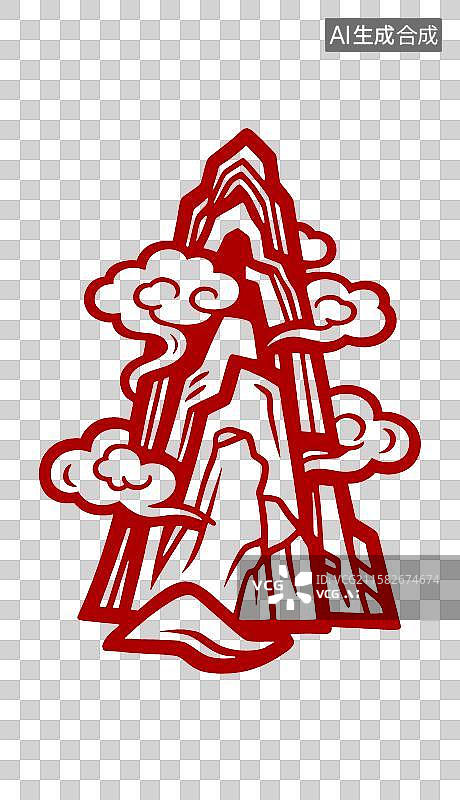 【AI数字艺术】红色祥云石山剪纸图案图片素材