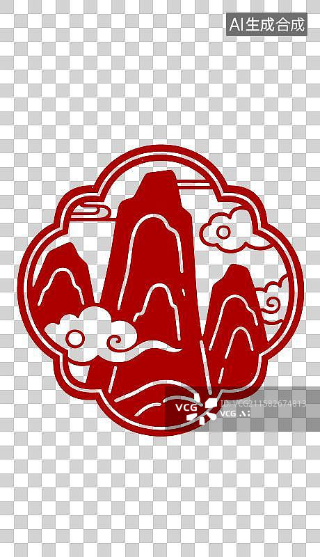 【AI数字艺术】红色祥云石山剪纸图案图片素材